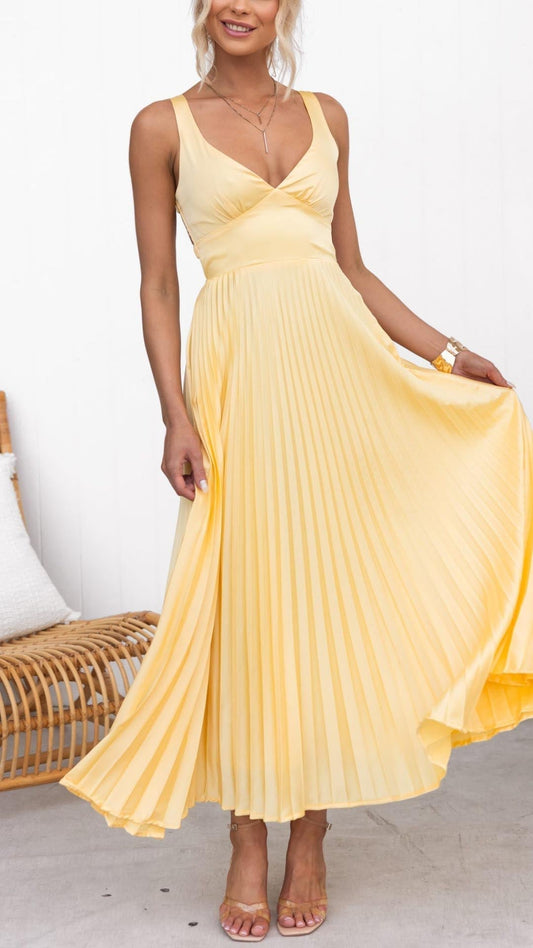 Amy | Gele Plissé V-hals Maxi jurk